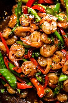 stir fry with shrimp, asparagus and peppers