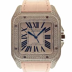 Cartier Santos 100 Large Midsize 18K Solid White Gold & Diamonds Luxury Watch Collection, Cartier Santos 100 Xl, Cartier Collection, Cartier Santos 100, Cartier Santos, Blue Steel, Gold Case, Pink Bracelet, Beautiful Watches