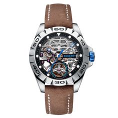 Men's Automatic Self Winding Watches Case Diameter: 40mm / 1.57 inch Case Thickness: 12mm / 0.47 inch Band Width: 18mm / 0.71 inch 50m water resistant Automatic mechanical movement Genuine Leather Strap Sapphire Glass Luxury/Fashion 1x BODERRY Watch 1x Leather gift box 1x user's manual & warranty certificate     Waterproof (not for swimming or showering) Top Brands Fashion, Titanium Watches, Affordable Watches, Smartwatch Women, Waterproof Watch, Leather Gifts, Luxury Watches For Men, Skeleton Watch, Workout Accessories