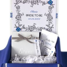 a wedding gift box is shown with the bride to be written in blue and silver