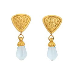 Stylish Maija Neimanis aquamarine earrings crafted in 22k & 18k yellow gold. Cabochon aquamarines measure 15mm x 12mm. The aquamarines are in very good condition and free of cracks or chips.   Maija Neimanis was a renowned jewelry designer known for her work in high karat gold granulation. Her intricate, timeless designs are sought after collector pieces. The 'day & night' earrings feature removable aquamarine drops. The beautiful mounts feature a diamond pattern of granulation work on a bloomed Gold Teardrop Blue Topaz Earrings, Gold Drop Earrings With Blue Topaz, Aquamarine Earrings, Gold Background, Aqua Marine, Earring Crafts, Pierced Ears, Diamond Pattern, Jewelry Designs