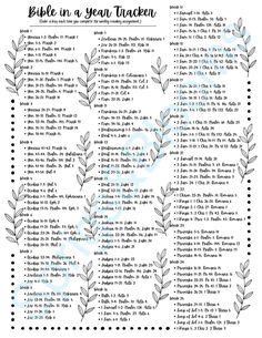 a printable bible in a year tracker with leaves on the side and words above it