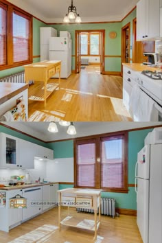 the kitchen is clean and ready to be used for cooking or dining, while the rest of the room is empty