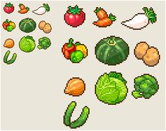 an image of different fruits and vegetables in pixel art style, including broccoli