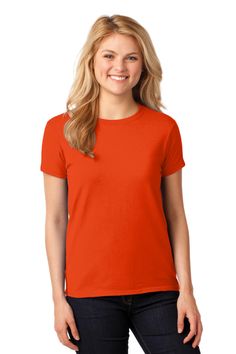 Gildan Ladies Heavy Cotton 100% Cotton T-Shirt 5000L 5.3-ounce, 100% cotton;  Seamless double-needle 1/2' collar;  50/50 cotton/poly (Graphite Heather);  Taped neck and shoulders;  Tearaway label;  Side seamed with tapered fit;  Cap sleeves;  Double-needle sleeves and hem; Usa Outfit, Fitted Caps, Family Outfits, American Apparel, Cotton T Shirt, Heavy Cotton, Custom Tshirts, Cotton Tee, Knit Jersey