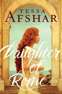 the cover of daughter of rome by tessa afshar, featuring an image of a woman with red hair