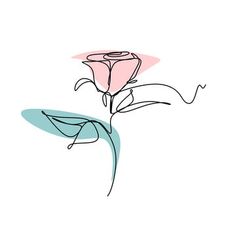 a drawing of a single rose on a white background with blue and pink lines around it