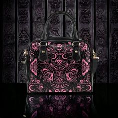 Gothic handbag, Gothic Skulls & Moths Purse, Dark Occult Symbols, Vegan Leather Witchy Purse, Goth girl gift, Black & Pink Witch purse, Boho Witchcraft Shoulder Bag, Pastel Goth Style Handbag, Pink and Black Gothic Shoulder Bag, witchcore purse, witchcore clothing Made from high-grade vegan faux leather, with an amazingly vivid double-sided print. Lined interior features a side zipper pocket, with large capacity. Double handles, removable and adjustable shoulder strap. Single zippered top closur Punk Style Shoulder Bag For Halloween, Gothic Satchel Bag As Gift, Gothic Satchel Bag For Gift, Gothic Style Satchel Shoulder Bag For Gift, Black Gothic Shoulder Bag As Gift, Gothic Halloween Bags For Alternative Fashion, Black Gothic Shoulder Bag For Gift, Gothic Black Shoulder Bag Gift, Gothic Satchel Gift Bags