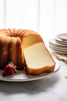 a bunt cake on a plate with strawberries