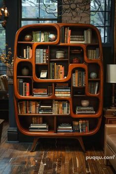 a bookshelf filled with lots of books next to a window