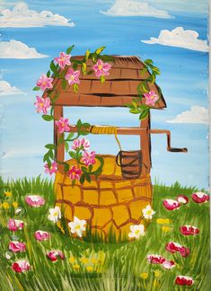 a painting of a watering can with flowers on it