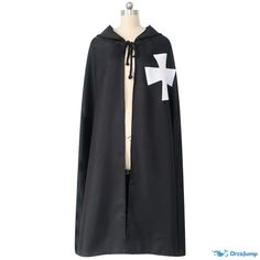 Orcajump - Role-playing Halloween play adult Templar cloak cloak robe medieval clothing - Final Sale Medieval Black Halloween Costume, Black Medieval Festival Costume For Cosplay, Black Medieval Festival Cosplay Costume, Black Larp Costume For Halloween, Medieval Black Long Sleeve Costume, Medieval Long Sleeve Black Costume, Black Long Sleeve Medieval Costume, Black Vampire Costume For Larp, Fantasy Cape For Halloween Costume