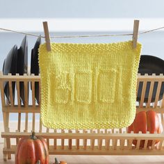 a knitted dishcloth hanging on a clothes line next to pumpkins