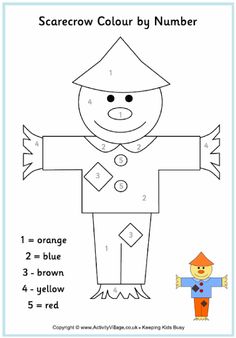 the scarecrow color by number worksheet for children to learn how to draw