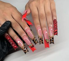 Cheetah Acrylic Nails, Cherry Red Nails, Cheetah Print Nails, Cheetah Nails, Hard Nails, Nail Art Gel, Cherry Nails, Pour Art, Colored Acrylic Nails