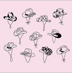 a bunch of hats that are drawn in black and white on a light pink background