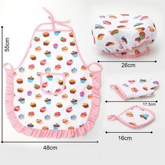 a baby bib with cupcakes on it is shown next to its measurements