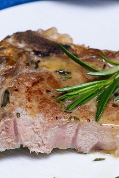 a piece of meat on a white plate with green garnish