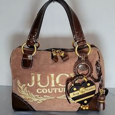 Y2k Vintage Juicy Couture Brown Terry Cloth Speedy Style Rectangle Zip Around Double Zipper Scottie Dog Emblem On Both Zipper Pulls Juicy Embroidered In Multicolor Brown/Gold On Front Gold Hardware J Patch On Back Large Heart Leather & Wood Keyfob On Front Leather Handles & Piping Signature Interior Lining Interior Phone Slip Pocket Lipgloss Slip Pocket Zipper Pocket With J Zipper Pull Condition: Excellent Condition, I Have Done A Few Touch Up Spots On The Leather Piping, With Angelus Leather Pa Leather Paint Color, Large Heart, Accessories Bags Purses, Scottie Dog, Zipper Pulls, Leather Handles, Women Accessories Bags