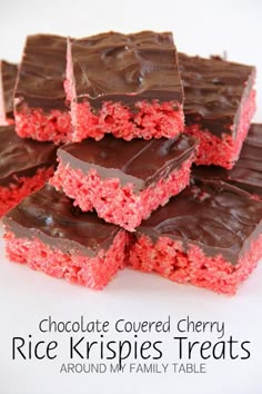 chocolate covered cherry rice krispies treats are stacked on top of each other with text overlay