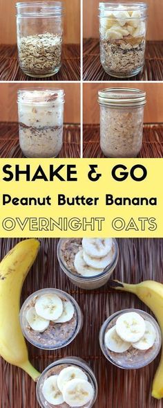 banana and peanut butter overnight oatmeal recipe in mason jars with text overlay