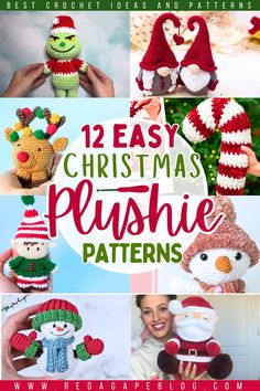 twelve easy crochet christmas plushie patterns with text overlay that reads, 12 easy christmas plushie patterns