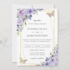 an elegant purple and gold quinceauera birthday party card with flowers, leaves and butterflies