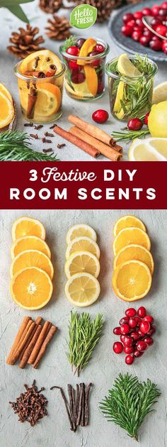 the ingredients for this festive diy room scents are arranged in bowls and on display