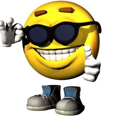 a yellow smiley face wearing sunglasses and giving the thumbs up with both hands while standing next to shoes