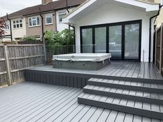 a hot tub sitting on top of a wooden deck