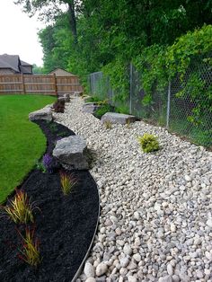 a garden with rocks and plants in it