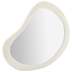 an oval shaped mirror with a white frame on the top and bottom half of it