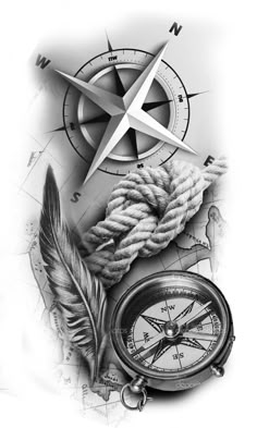 a black and white drawing of a compass, rope, feather and an ink pen