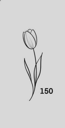 a drawing of a single flower on a gray background with the word 150 written below it