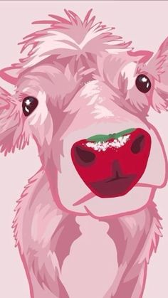 a painting of a pink cow with green eyes