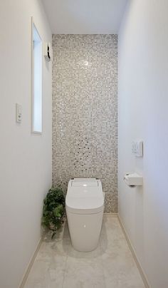 a white toilet sitting inside of a bathroom next to a plant