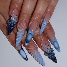 Description: Elevate your nail game with our Long Stiletto Light Blue Press On Nails. This handmade set features a stunning light blue base color with deep blue floral accents on two nails, creating a chic and elegant look. Perfect for special occasions or everyday wear, these nails will make a stylish statement. Features: Elegant Design: Long stiletto nails with a light blue base and intricate deep blue floral accents on two nails, adding a touch of sophistication. Handmade Quality: Each set is Nail Practice, 2023 Nails, Unghie Sfumate, Kutek Disney, Long Stiletto Nails, Elegant Nail Art, Hello Nails, Manikur Kuku, Easy Nails