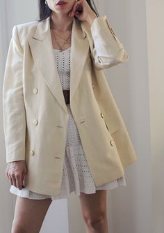 Vintage 90s cream/beige double waist blazer. Beautiful cream and gold buttons. Shoulder pads. Never worn. Made in Italy. Size 42 Italian, 10 uk. Model's size 6 uk, h 163. Chic Beige Blazer With Double Button Closure, Beige Formal Blazer For Spring, Chic Cream Blazer With Double Button Closure, Beige Summer Blazer With Button Closure, Summer Beige Blazer With Button Closure, Chic Beige Blazer For Summer, Chic Beige Summer Blazer, Chic Neutral Summer Blazer, Chic Beige Blazer With Button Closure