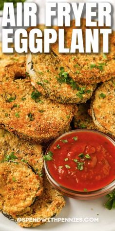 air fryer eggplant on a plate with ketchup and parsley