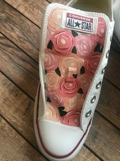 Womens rose white converse | Etsy Custom White Converse, Converse Painting Ideas, Lara Core, Hand Painted Converse, Womens White Converse, Disney Converse, Shoe Artwork, Hand Painted Toms, Painted Converse