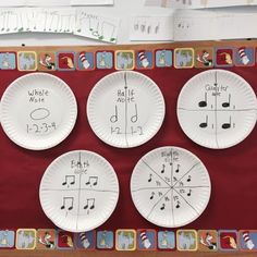 four paper plates with music notes on them are displayed in front of a bulletin board