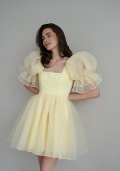 × Princess Dress For Women, Puff Sleeve Tulle Dress, Dresses With Transparent Sleeves, Gown Yellow, Bat Mitzvah Dresses Modest, Dress With Short Sleeves Formal, Flimsy Dress, Georgette Short Dress, Yellow Dress Design