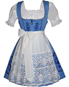 S 6 Dirndl German Dress + Lace Apron + Top Oktoberfest EMBROIDERED Blue 3 Pc SET | eBay Apron Top, Pretty Embroidery