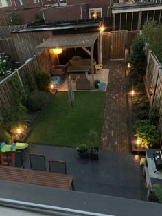 an aerial view of a backyard at night