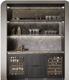 an open cabinet with wine glasses on it