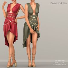 two women in dresses standing next to each other on a gray background with the caption demeter dress