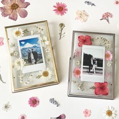 two small frames with flowers and photos on them