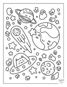 a coloring page with space related objects and stars in the sky, including an image of planets