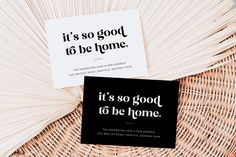 a card that says it's so good to be home next to a wicker basket