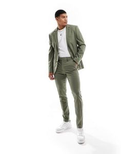 ASOS DESIGN skinny suit pants in khaki twill | ASOS Fitted Khaki Suit For Work, Khaki Dress Pants For Spring Workwear, Fitted Khaki Chinos For Spring, Green Slim Fit Bottoms For Work, Spring Slim Fit Suits With Straight Leg, Spring Slim Fit Straight Leg Suits, Green Slim Fit Workwear Pants, Slim-fit Khaki Chinos For Work, Fitted Khaki Chinos For Work